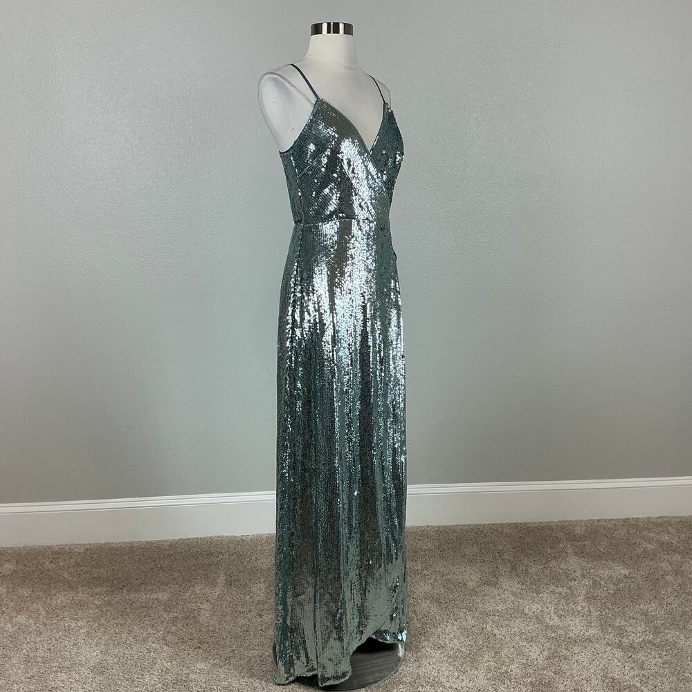 Aidan Mattox Mint Green/Blue Evening Gown Sequined Sleeveless Wrap Dress Size 8 - Picture 3 of 13